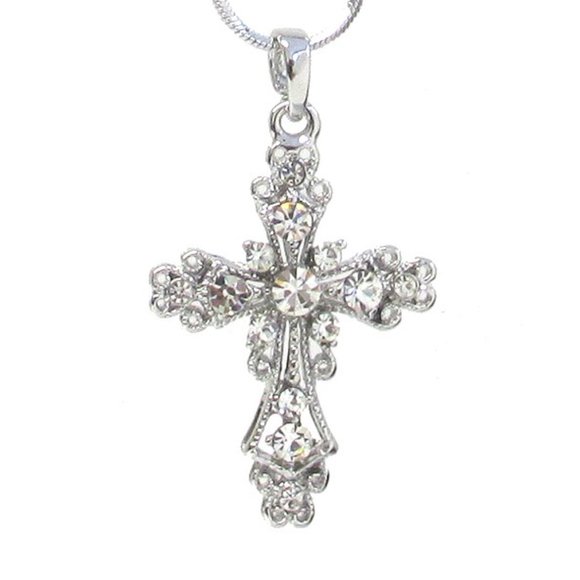 Whitegold plating crystal cross pendant necklace - Picture 2 of 3